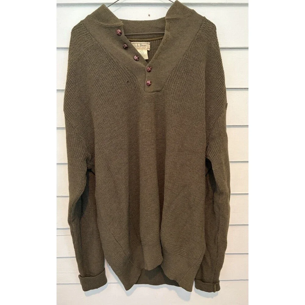 Vintage LL Bean Military Commando Henley Sweater 100% Wool USA Made 80s READ